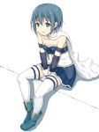  1girl armband blue_eyes blue_hair breasts cape commentary_request full_body gloves highres inou_eita magical_girl mahou_shoujo_madoka_magica miki_sayaka parted_lips short_hair sitting small_breasts solo thigh-highs white_background white_gloves white_legwear 