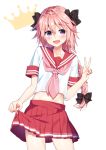  1boy astolfo_(fate) bangs black_bow blouse blush bow braid commentary_request cowboy_shot crown eyebrows_visible_through_hair fang fate/apocrypha fate/grand_order fate_(series) hair_between_eyes hair_bow long_hair looking_at_viewer male_focus masuishi_kinoto navel necktie open_mouth otoko_no_ko pink_hair pink_neckwear pleated_skirt red_sailor_collar red_skirt red_sleeve_ends sailor_collar shiny shiny_hair short_sleeves simple_background single_braid skirt skirt_lift solo standing stomach v violet_eyes white_blouse 