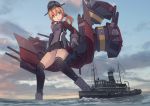  anchor_hair_ornament aqua_eyes black_skirt blonde_hair boat clouds cloudy_sky giantess gloves gun hair_ornament hat iron_cross kantai_collection kneehighs low_twintails machinery microskirt military military_hat military_uniform ocean peaked_cap pleated_skirt prinz_eugen_(kantai_collection) rudder_shoes seo_tatsuya skirt sky steamboat tugboat turrets twintails uniform watercraft weapon 