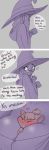  2girls 3koma absurdres between_breasts blush bow breasts cleavage comic english flying_sweatdrops glasses grey_background hat highres hood hood_down kagari_atsuko large_bow limited_palette little_witch_academia long_hair multiple_girls pudgeruffian sweat ursula_charistes witch_hat 