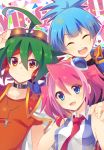  +_+ 1girl 2boys ahoge blue_eyes blue_jacket choker english green_hair hiiragi_yuzu jacket light_blue_hair looking_at_viewer multiple_boys open_mouth pink_hair ponytail red_eyes red_neckwear red_shirt redhead rento_(rukeai) sakaki_yuuya shirt shiun&#039;in_sora short_hair short_sleeves smile spiky_hair star title twintails yu-gi-oh! yuu-gi-ou_arc-v 