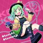  1girl :d adapted_costume aqua_hair black_footwear black_hat boots bow character_name choker collarbone commentary_request diamond_(shape) frilled_skirt frilled_sleeves frills gradient_hair green_eyes green_hair green_skirt hat hat_bow heart heart_of_string jacket koishi_day komeiji_koishi long_hair looking_at_viewer mikagami_hiyori multicolored_hair open_mouth pink_background skirt smile solo third_eye touhou yellow_bow yellow_jacket 