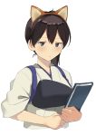  1girl animal_ears black_eyes book brown_hair commentary dog_ears fake_animal_ears highres holding holding_book japanese_clothes kaga_(kantai_collection) kantai_collection long_hair looking_at_viewer masukuza_j muneate side_ponytail simple_background solo tasuki upper_body white_background 