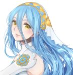  1girl aqua_(fire_emblem_if) blue_hair detached_collar detached_sleeves dress face fire_emblem fire_emblem_if from_side jurge looking_at_viewer pink_lips shiny shiny_hair turning_head veil water water_drop white_dress yellow_eyes 