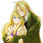  1boy 1girl antenna_hair blonde_hair blue_eyes closed_eyes couple earrings edward_elric eyebrows_visible_through_hair fingernails floating_hair fullmetal_alchemist green_jacket grin happy hetero highres hug hug_from_behind jacket jewelry long_hair looking_at_another ponytail purple_shirt shirt simple_background smile sparkle tsukuda0310 upper_body white_background white_jacket white_shirt winry_rockbell 