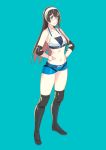  1girl alternate_costume black_hair black_legwear blue_shorts boots breasts commentary_request elbow_pads glasses green_eyes hairband hands_on_hips highres kantai_collection knee_pads long_hair looking_at_viewer midriff navel ooyodo_(kantai_collection) semi-rimless_eyewear short_shorts shorts small_breasts smile solo sports_bra standing under-rim_eyewear wrestler yuuji_(and) 