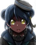  1girl admiral_paru black_ribbon blue_hair blue_sailor_collar dixie_cup_hat double_bun fang hat hat_ribbon highres kantai_collection looking_at_viewer military_hat open_mouth ribbon sailor_collar samuel_b._roberts_(kantai_collection) school_uniform serafuku short_hair simple_background solo upper_body white_background white_hat yellow_eyes 