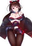  1girl azur_lane bare_shoulders bow breasts brown_hair brown_legwear character_request detached_sleeves hair_bow henet_hene japanese_clothes kimono large_breasts long_hair long_sleeves looking_at_viewer obi open_mouth red_eyes ribbon-trimmed_sleeves ribbon_trim sash smile solo thigh_gap very_long_hair white_background wide_sleeves 