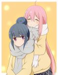  2girls ahoge blue_hair blush commentary_request grey_scarf hair_bun kagamihara_nadeshiko long_hair multiple_girls nuts_tuna orange_background pink_hair scarf shima_rin sidelocks simple_background smile sweater very_long_hair violet_eyes white_scarf yellow_sweater yurucamp 