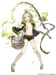  1boy absurdres ahoge bandaid chains fishing_rod full_body green_eyes green_hair highres jacket jino long_nose male_swimwear navel official_art pigeon-toed pinocchio_(sinoalice) sandals sinoalice swim_trunks swimwear tongue tongue_out white_background worried 