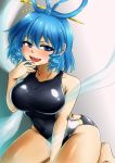  1girl black_swimsuit blue_eyes blue_hair breasts competition_swimsuit d-m_(dii_emu) drill_hair finger_to_mouth hair_ornament hair_rings hair_stick highres kaku_seiga large_breasts looking_at_viewer one-piece_swimsuit open_mouth shawl sitting smile swimsuit touhou wariza 