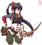  1girl arrow artist_logo belt black_hair bow capri_pants character_request commentary_request copyright_request cosplay cowboy_shot dated gloves hair_bow highres kanon_(kurogane_knights) kantai_collection leaning_forward long_hair pants ponytail quiver red_bow red_eyes sidelocks simple_background single_glove solo standing white_background white_gloves yahagi_(kantai_collection) 