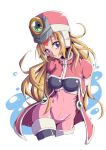  1girl arms_behind_back bangs blonde_hair blue_eyes blush bodysuit breasts capcom coat cowboy_shot hat head_tilt inti_creates long_coat long_hair looking_at_viewer looking_to_the_side medium_breasts pink_coat pink_hat prairie robot_ears rockman rockman_zx semikichi shiny shiny_clothes sidelocks smile solo 