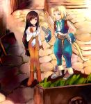  198660aki 1boy 1girl black_hair blonde_hair bodysuit breasts brown_eyes brown_hair commentary_request final_fantasy final_fantasy_ix garnet_til_alexandros_xvii gloves long_hair low-tied_long_hair orange_bodysuit short_hair smile tail zidane_tribal 