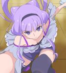  1girl black_hairband black_legwear breasts cleavage closed_mouth double_bun frown hairband haruyama_kazunori hugtto!_precure long_hair looking_at_viewer low_twintails outstretched_arms precure purple_hair purple_shorts ruru_amour shorts solo thigh-highs twintails violet_eyes 