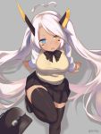  1girl ahoge arm_support azur_lane black_footwear black_legwear black_neckwear black_skirt blue_eyes bow bowtie breasts eyebrows_visible_through_hair facial_mark grey_background heart_ahoge heterochromia horns indianapolis_(azur_lane) large_breasts leaning_back long_hair long_sleeves looking_at_viewer parted_lips pink_hair pleated_skirt shirt shoes simple_background sitting skirt sleeveless solo takashiru thigh-highs twintails twitter_username very_long_hair vest white_shirt yellow_eyes 