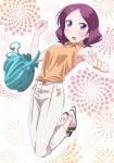  1girl armpits bag blush bracelet brown_hair dress_shirt full_body highres jewelry jumping new_game! open_mouth orange_shirt pants pink_x shirt short_hair sketch sleeveless sleeveless_shirt solo tooyama_rin violet_eyes white_pants 