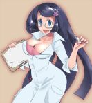  1girl :d black_hair blue_eyes breasts brown_background bursting_breasts cleavage clipboard collarbone eyebrows facing_away flower glasses grey-framed_eyewear hair_flower hair_ornament holding holding_clipboard holding_pencil labcoat large_breasts long_hair long_sleeves looking_at_viewer makomo_(pokemon) open_mouth paper pencil pocket pokemon pokemon_(game) pokemon_bw purple_flower raised_eyebrows semi-rimless_eyewear simple_background smile solo straight_hair tongue under-rim_eyewear very_long_hair zaitsu 