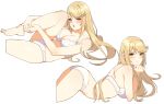  1girl absurdres arched_back ass bangs blonde_hair blush bra breasts chin_rest cleavage closed_mouth from_side highres mythra_(xenoblade) icarus_(632247131) leg_up long_hair looking_at_viewer looking_back lying medium_breasts multiple_views on_stomach open_mouth panties sideboob simple_background sitting swept_bangs underwear underwear_only v-shaped_eyebrows very_long_hair white_background white_bra white_panties xenoblade_(series) xenoblade_2 yellow_eyes 