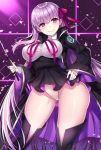  bb_(fate/extra_ccc) beeyan breasts coat fate/extra fate/extra_ccc fate/grand_order fate_(series) gloves hair_ribbon highres large_breasts leotard long_hair purple_hair ribbon riding_crop smile thigh-highs thighs violet_eyes 
