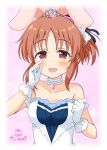  1girl :d abe_nana animal_ears bangs bare_shoulders blue_ribbon blush breasts brown_eyes brown_hair cleavage collarbone commentary_request dress eyebrows_visible_through_hair gloves hair_ribbon idolmaster idolmaster_cinderella_girls idolmaster_cinderella_girls_starlight_stage kaiware-san long_hair looking_at_viewer medium_breasts open_mouth parted_bangs rabbit_ears ribbon sidelocks signature smile solo sparkle strapless strapless_dress tears tiara upper_body white_dress white_gloves wiping_tears 