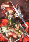  1girl ;| bad_hands bangs blunt_bangs braid brown_gloves brown_hair cape crown elf flower garter_straps gloves green_skirt holding holding_sword holding_weapon looking_at_viewer original petals pointy_ears red_cape red_flower sheath sidelocks skirt solo standing sword takei_(jamfusion) thigh-highs violet_eyes weapon 