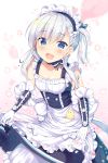  1girl apron azur_lane bangs belchan_(azur_lane) belfast_(azur_lane) blue_eyes blush braid breasts choker collarbone dress dress_lift eyebrows_visible_through_hair french_braid frilled_apron frilled_gloves frills gloves highres lifted_by_self long_hair looking_at_viewer maid_headdress one_side_up open_mouth petals sidelocks silver_hair small_breasts smile solo sparkle tomoo_(tomo) waist_apron white_apron white_gloves younger 