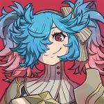  1girl armor bangs blue_hair bow closed_mouth eyebrows eyelashes fire_emblem fire_emblem_if gradient_hair grey_bow grey_hairband hair_over_one_eye hairband long_hair messy_hair multicolored_hair pieri_(fire_emblem_if) pink_hair red_background red_eyes reiesu_(reis) simple_background smile solo striped striped_bow turtleneck twintails two-tone_hair 