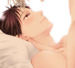  2boys black_eyes black_hair blush close-up covering crying eyelashes face grey_hair katsuki_yuuri looking_at_another looking_up lying male_focus multiple_boys nude nude_cover out_of_frame pillow short_hair simple_background tears upper_body viktor_nikiforov white_background yaoi yuri!!!_on_ice 