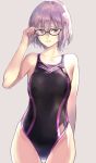  1girl adjusting_eyewear black-framed_eyewear breasts cafe_au_lait_(kafeore) competition_swimsuit cowboy_shot eyebrows_visible_through_hair eyes_visible_through_hair fate/grand_order fate_(series) glasses hair_over_one_eye looking_at_viewer mash_kyrielight medium_breasts one-piece_swimsuit parted_lips purple_hair short_hair simple_background sketch smile solo swimsuit violet_eyes 