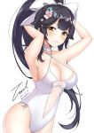  1girl alternate_costume armpits arms_behind_head ass azur_lane bangs black_hair blush bow breasts brown_eyes casual_one-piece_swimsuit cleavage dated eyebrows_visible_through_hair flower groin hair_bow hair_flower hair_ornament large_breasts long_hair looking_at_viewer navel one-piece_swimsuit panties parted_lips ponytail sidelocks signature simple_background smile solo swimsuit takao_(azur_lane) thighs twitter_username underwear unel very_long_hair white_background white_bow white_panties 