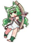  1girl :d animal_ears archer_(last_period) arrow bare_shoulders barefoot bow_(weapon) cat_ears diamond_(shape) dress eyebrows eyebrows_visible_through_hair fang fingernails gloves green_eyes green_gloves green_hair green_headband headband holding holding_bow_(weapon) holding_weapon index_finger_raised last_period legs_apart long_hair naga_u no_nose open_mouth partly_fingerless_gloves silhouette sleeveless sleeveless_dress smile solo toenails weapon white_dress 