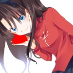  black_skirt blue_eyes brown_hair fate/stay_night fate_(series) hair_ribbon heart holding_heart kino_hazuki long_hair looking_at_viewer pleated_skirt ribbon skirt smile sweater tohsaka_rin two_side_up white_background 