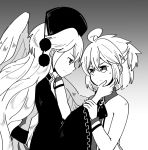  2girls ahoge brooch buna_shimeji_(keymush) feathered_wings greyscale hand_on_another&#039;s_cheek hand_on_another&#039;s_face hat jewelry junko_(touhou) kishin_sagume long_hair long_sleeves looking_at_another monochrome multiple_girls pom_pom_(clothes) short_hair single_wing sweatdrop touhou upper_body wide_sleeves wings yuri 