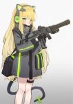  1girl bag bangs black_gloves blonde_hair blush cat_ear_headphones cat_tail coat commentary covered_mouth eotech eyebrows_visible_through_hair feet_out_of_frame girls_frontline gloves gradient gradient_background green_eyes gun headphones highres holding holding_gun holding_weapon hummingbird_(artist) long_hair long_sleeves looking_at_viewer ribbon solo standing steyr_tmp submachine_gun suppressor tail tail_ribbon thigh_strap tmp_(girls_frontline) trigger_discipline turtleneck very_long_hair weapon 