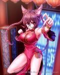  1girl :o alternate_hairstyle animal_ears blurry blurry_background bracer braid breasts brown_hair cat_ears china_dress chinese_clothes detached_sleeves dress fighting_stance glasses highres impossible_clothes large_breasts long_hair looking_at_viewer mappaninatta nail_polish official_art outstretched_arm pelvic_curtain side_slit solo standing standing_on_one_leg twin_braids venus_rumble violet_eyes watermark 