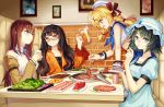  4girls aqua_eyes black_hair blonde_hair blouse blue_eyes bowl braid breasts brown_hair cake character_request chopsticks collared_shirt cooking couch cup flat_chest food forever_7th_capital fruit glasses grilling hair_ribbon hat jacket japanese_clothes kebab long_hair looking_at_viewer makise_kurisu meat medium_breasts mirror_(xilu4) multiple_girls necktie off_shoulder orange_eyes plate portrait_(object) red_eyes ribbon sailor_collar sailor_hat shiina_mayuri shirt short_hair short_twintails smile steins;gate strawberry sweatdrop table twin_braids twintails vegetable watermelon wrist_cuffs 