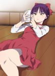  1girl annoyed bangs blurry bow cellphone choker commentary_request dress eyebrows_visible_through_hair gegege_no_kitarou hair_bow holding holding_phone indoors long_sleeves lying mattaku_mousuke nekomusume nekomusume_(gegege_no_kitarou_6) on_back phone pointy_ears purple_hair red_bow red_choker red_dress shirt short_hair smartphone solo wall white_shirt wooden_floor yellow_eyes 
