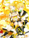  1boy 1girl ^_^ anniversary aqua_eyes bare_shoulders bass_clef birthday birthday_cake blonde_hair blue_eyes blush bow brother_and_sister cake closed_eyes detached_sleeves food grin hair_bow hair_ornament hair_ribbon hairclip happy_birthday headphones headset heart highres kagamine_len kagamine_rin midriff mouth_hold navel necktie one_eye_closed oyamada_(pi0v0jg) pigeon-toed pillow ribbon sailor_collar short_ponytail shorts siblings sitting sitting_on_person smile socks twins vocaloid yellow_background yellow_neckwear 