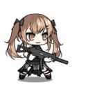  1girl alternate_costume animated animated_gif black_dress black_footwear black_ribbon brown_hair dress girls_frontline gun hair_ribbon long_hair lowres official_art red_eyes ribbon socks striped striped_legwear thigh_strap twintails ump9_(girls_frontline) weapon zagala 