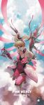  1girl 21yc_(september_breeze) alternate_costume alternate_hairstyle artist_name bare_shoulders character_name detached_sleeves highres looking_at_viewer mechanical_wings mercy_(overwatch) midair overwatch pink_mercy sky smile solo staff twintails wings 