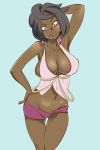  1girl arm_behind_head arm_up armpits bare_arms bare_shoulders black_eyes black_hair blue_background breasts cleavage closed_mouth collarbone constricted_pupils cowboy_shot dark_skin diamond_(shape) earrings frown groin hand_on_hip island_kahuna jewelry large_breasts lychee_(pokemon) navel no_bra pink_shirt pokemon pokemon_(game) pokemon_sm purple_shorts shirt short_hair short_shorts shorts sideboob simple_background solo standing stomach tank_top thigh_gap zaitsu 