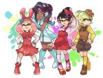  +_+ 4girls adjusting_another&#039;s_clothes alternate_costume alternate_hairstyle animal_ears ankle_boots aori_(splatoon) bangs beret black_hair black_legwear black_skin blunt_bangs boots bow bow_footwear bowtie brown_eyes brown_hair brown_hat brown_neckwear brown_shorts brown_vest cephalopod_eyes commentary coveralls crown domino_mask dress earrings elbow_gloves english_commentary eyebrows_visible_through_hair fake_animal_ears gloves gradient_hair green_dress green_footwear green_gloves hair_bow hair_up hand_holding hands_on_hips hat headphones hime_(splatoon) hotaru_(splatoon) iida_(splatoon) jewelry knee_boots kneehighs loafers long_hair long_sleeves looking_at_viewer mask medium_skirt mole mole_under_mouth multicolored multicolored_background multicolored_hair multiple_girls octarian one_eye_closed open_mouth paint_splatter pantyhose pink_hair pink_legwear pink_pupils pink_shirt pleated_skirt puffy_shorts rabbit_ears red_bow red_footwear red_skirt red_vest shirt shoes short_coveralls short_dress short_hair shorts skirt sleeveless sleeveless_dress smile splatoon splatoon_2 standing tentacle_hair vest white_legwear white_shirt wong_ying_chee yellow_legwear yellow_shirt zipper 
