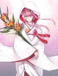  1girl bangs darling_in_the_franxx floral_background flower folded_hair green_eyes hair_between_eyes hair_flower hair_ornament hairband highres hood hood_up horns japanese_clothes kimono looking_at_viewer nakadai_chiaki petals pink_hair red_horns sidelocks solo spoilers traditional_clothes uchikake wide_sleeves zero_two_(darling_in_the_franxx) 