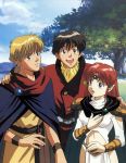  1girl 2boys 90s :o azalyn blonde_hair bracer brown_eyes brown_hair cape day hand_on_another&#039;s_shoulder harold_katori highres justy_ueki_tylor long_hair multiple_boys musekinin_kanchou_tylor nature official_art open_mouth outdoors parted_lips pauldrons ponytail redhead short_hair shoulder_cutout tiara upper_teeth wristband 