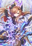  1girl absurdres arrow bangs black_legwear bow_(weapon) breasts brown_eyes brown_hair cape gloves granblue_fantasy hair_ornament hairband head_wings highres large_breasts long_hair looking_at_viewer smile solo song_(granblue_fantasy) topia weapon white_cape white_gloves 