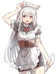  1girl animal_ears apron arm_up bangs blush brown_eyes cat_ears cat_girl cat_tail commentary_request cowboy_shot dress eyebrows_visible_through_hair fingernails frilled_apron frills grey_dress hair_between_eyes hand_on_own_head highres holding_own_tail long_hair looking_at_viewer maid_apron open_mouth original pomu puffy_short_sleeves puffy_sleeves short_sleeves sidelocks silver_hair simple_background solo sweat tail very_long_hair white_apron white_background 