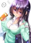  1girl bag black_hair blush box breasts cleavage drinking_straw green_shirt highres holding holding_bag holding_box juice_box large_breasts long_hair long_sleeves looking_at_viewer mokufuu open_mouth original shirt solo spoken_sweatdrop sweatdrop violet_eyes 