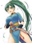  1girl blue_dress breasts cowboy_shot dress earrings fingerless_gloves fire_emblem gloves green_eyes green_hair highres inanaki_shiki jewelry katana leaf long_hair looking_at_viewer lyndis_(fire_emblem) medium_breasts open_mouth pelvic_curtain ponytail simple_background solo sword thighs weapon white_background 