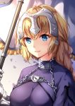  1girl :d bangs blonde_hair blue_eyes blush braid breasts chahei chains commentary_request dress eyebrows_visible_through_hair fate/apocrypha fate/grand_order fate_(series) gauntlets hair_between_eyes head_tilt headpiece highres holding jeanne_d&#039;arc_(fate) jeanne_d&#039;arc_(fate)_(all) large_breasts long_hair looking_at_viewer open_mouth purple_dress smile solo 